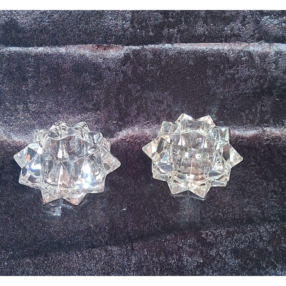 Set of 2 Crystal Starburst Tea Light Holders Vintage‎ Glass Votive Candlesticks